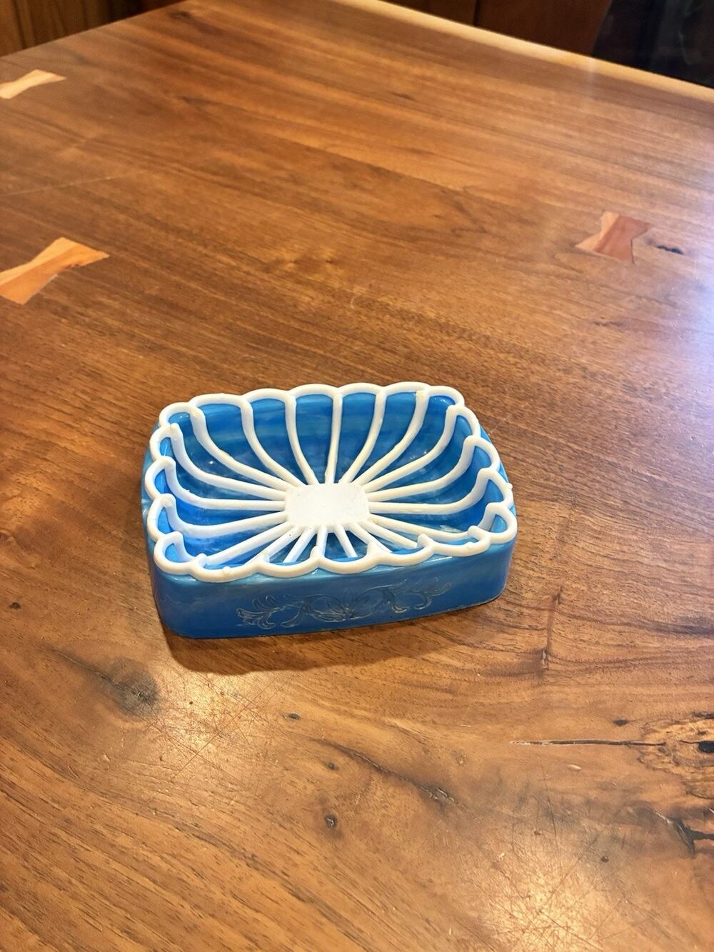 Vintage 60s Blue White Plastic Soap Dish Removable Drain Tray Retro